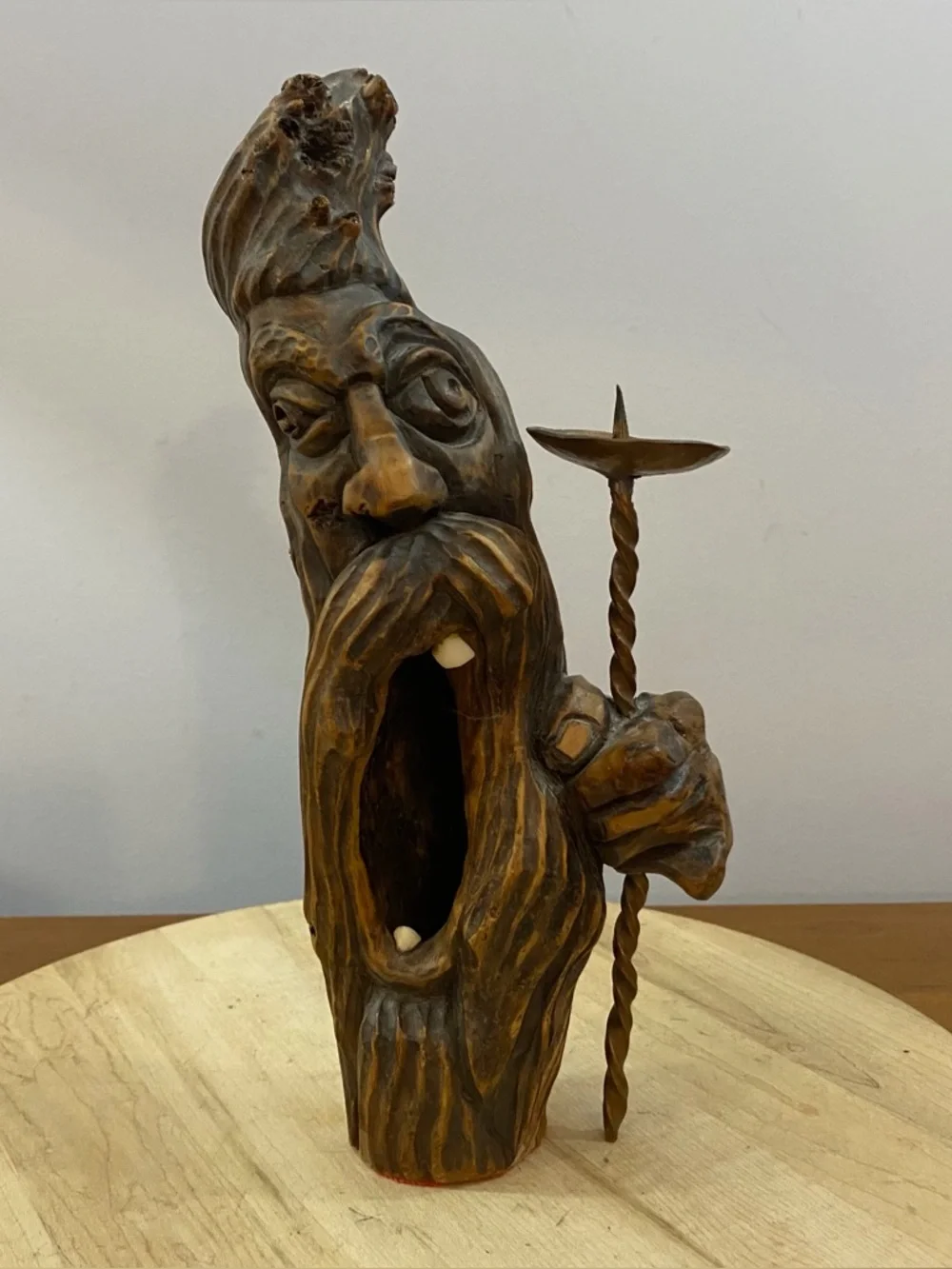 Vintage Hand Carved Wood Candle‎ Holder Spirit Wizard Face Folk Art Cottagecore
